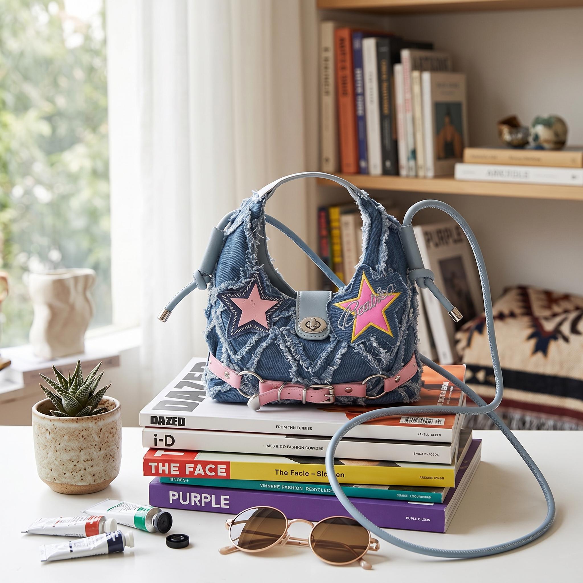 Blue Distressed Denim Star Patch Mini Shoulder Bag