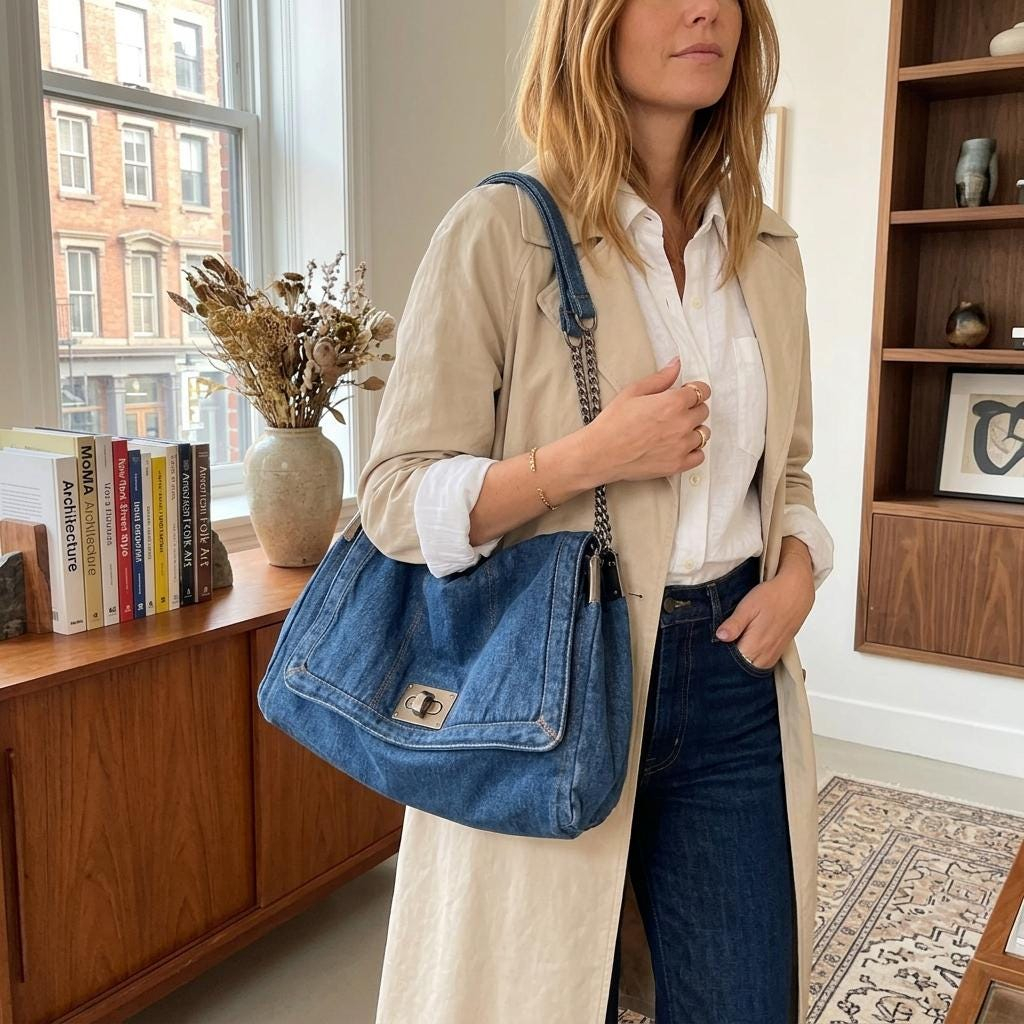 Blue Denim Flap Shoulder Bag