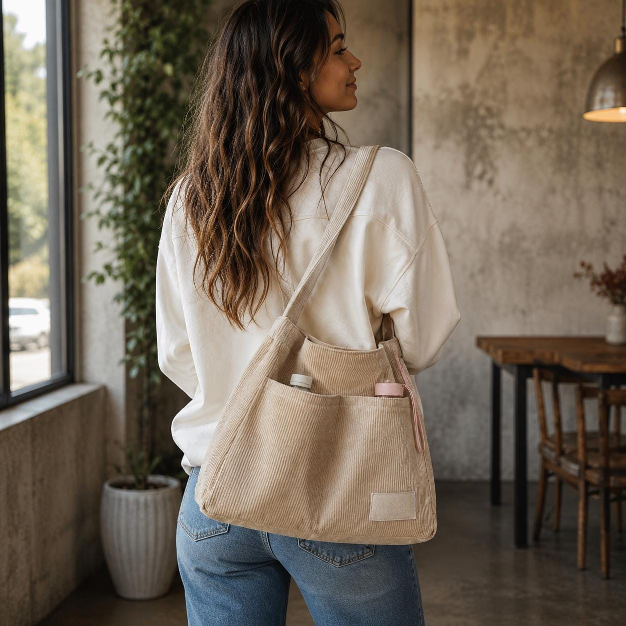 Cream Corduroy Shoulder Tote Bag