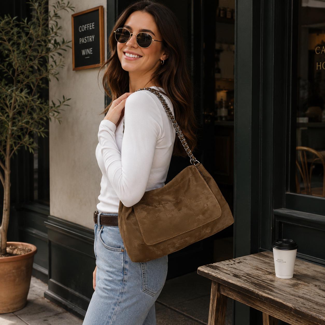 Brown Faux Suede Chain Shoulder Bag